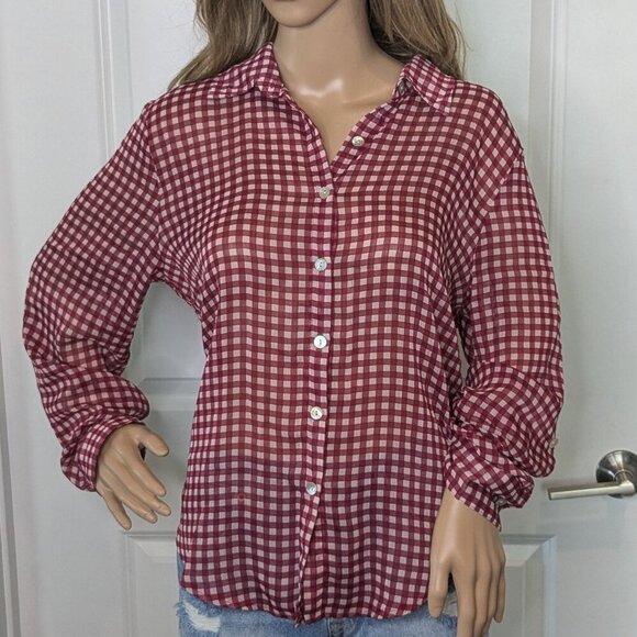 American Rag Cie Button-up Blouse Sheer Top Womens XL Red White Gingham Roll-Tab - Picture 2 of 15